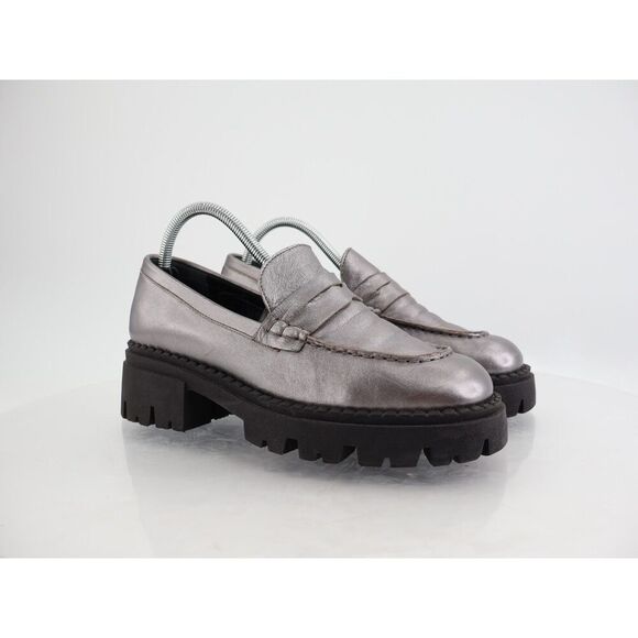 Free People Womens Lyra Lug Sole Penny Loafers Chunky Silver Leather 39 EU / 9 - Picture 1 of 14